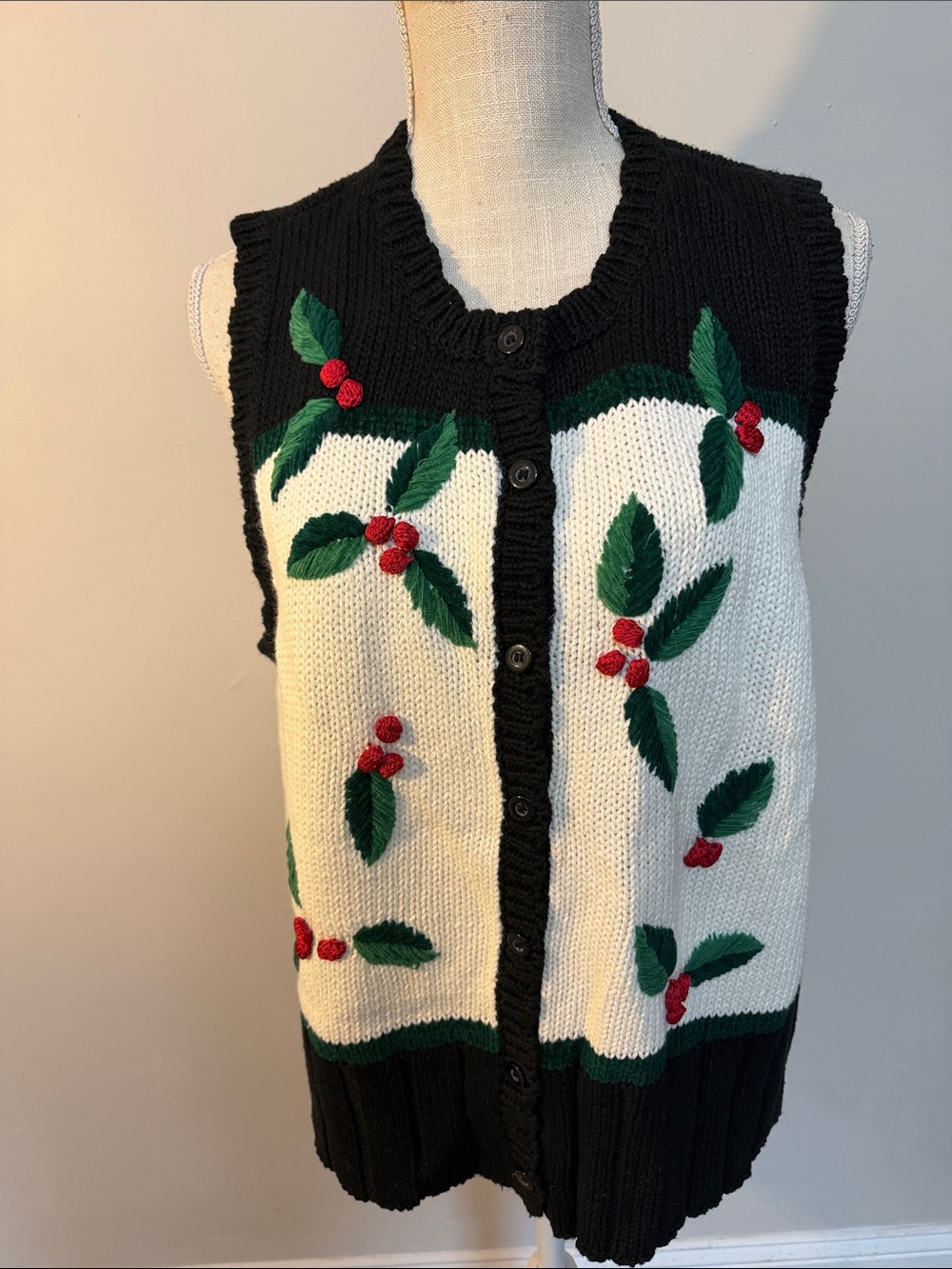 Russ Black, Cream & Green Holiday Knit Button-Up Vest with Red Berry Detail
